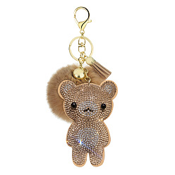1. Khaki color Cute Bear Fur Ball Keychain with Rhinestone and Fluffy Pom-pom Pendant