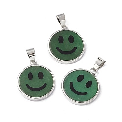 Green Aventurine Natural Green Aventurine Pendants, Flat Round with Smiling Face Charms, with Rack Plating Platinum Tone Brass Findings, Cadmium Free & Lead Free, 21x18.5x3mm, Hole: 4x6mm
