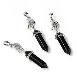 Obsidian Natural Obsidian Double Terminated Pointed Big Pendants, with Platinum Tone Brass Findings, Cadmium Free & Lead Free, Moon with Fairy & Bullet, Faceted, 62~66mm