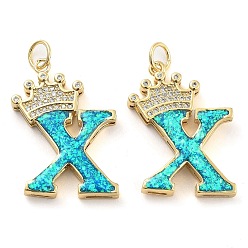 Letter X Латунные микропаве прозрачные подвески с фианитом, с синтетическим опалом, реальный 18 k позолоченный, с целью перехода в кольце, Письмо X, 26.5~33x14~23.5x3.5~4.5 мм, отверстие : 4.5 мм