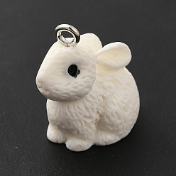 White Opaque Resin Pendants, 3D, Rabbit Charm, with Platinum Tone Iron Loops, White, 21x12.5x22mm, Hole: 2mm
