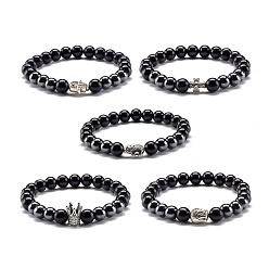 Obsidian Natural Obsidian & Non-Magnetic Synthetic Hematite Round Beads Stretch Bracelet for Men Women, Alloy Beads Bracelet, mixed Shape, Inner Diameter: 2-1/4 inch(5.6cm)