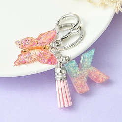 Letter K Resin & Acrylic Keychains, with Alloy Split Key Rings and Faux Suede Tassel Pendants, Letter & Butterfly, Letter K, 8.6cm