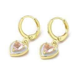 White Heart Real 18K Gold Plated Brass Dangle Leverback Earrings, with Enamel and Glass, White, 23.5x9mm