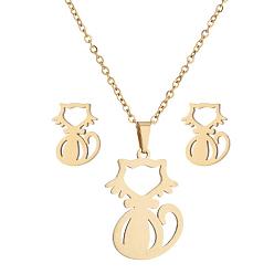 golden Charming Cat Pendant Necklace and Ear Stud Set - Minimalist Animal Jewelry