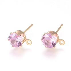 Pink Brass Stud Earring Findings, with 316 Surgical Stainless Steel Pin, Cubic Zirconia and Loop, Long-Lasting Plated, Flat Round, Real 14K Gold Plated, Pink, 8x6x5.5mm, Hole: 1mm, Pin: 0.7mm