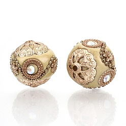 Light Khaki Handmade Indonesia Beads, with Metal Findings, Golden Color Plated, Round, Light Khaki, 20~21mm, Hole: 1.8mm