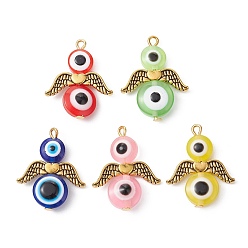 Antique Golden Evil Eye Resin Bead Pendants, Angel Charms with Alloy Wings, Antique Golden, 25.5x20x5~5.5mm, Hole: 1.6mm