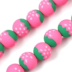 Hot Pink Handmade Polymer Clay Beads Strands, Round with Strawberry, Hot Pink, 8mm, Hole: 1.2mm, about 40pcs/strand, 12.20''(31cm)
