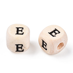 Letter E Печатные бусины из натурального дерева шима, горизонтальное отверстие, куб с начальной буквой, papayawhip, без свинца, Письмо E, 8x8x8 мм, отверстие : 2.5~3 мм