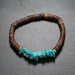 Synthetic Turquoise Synthetic Turquoise Chips & Coconut Disc Beaded Stretch Bracelets, Inner Diameter: 2-1/8 inch(5.5cm)