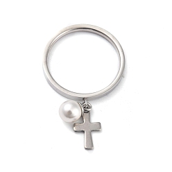 Stainless Steel Color Dual-use Items, 304 Stainless Steel Finger Rings or Pendants, with Plastic Round Beads, Cross, White, Stainless Steel Color, US Size 5~9(15.7~18.9mm)