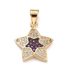 Medium Orchid Brass Micro Pave Cubic Zirconia Pendants, Golden, Star, Medium Orchid, 17x15x3mm, Hole: 4x3mm