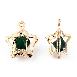 Emerald Rhinestone Pendants, with Light Gold Findings, Star Charms, Cadmium Free & Nickel Free & Lead Free, Emerald, 16x14x10~11mm, Hole: 1~1.2mm