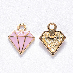 Pink Alloy Enamel Charms, Dimond, Light Gold, Pink, 15x11.5x2.5mm, Hole: 1.8mm