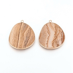 Picture Jasper Natural Picture Jasper Pendants, with Brass Findings, Golden, 33.5~34x27x2mm, Hole: 1.5mm