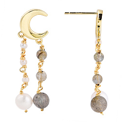 Real 14K Gold Plated Natural Pearl & Sunstone Beaded Moon Tassel Dangle Stud Earrings, Brss Drop Earrings with 925 Sterling Silver Pins for Women, Real 14K Gold Plated, 38~42x10.5x2mm, Pin: 0.8mm