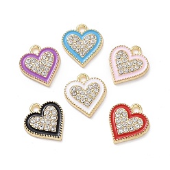 Golden Alloy Enamel Pendants, with Crystal Rhinestone, Heart, Mixed Color, Golden, 15x13.5x2mm, Hole: 1.8mm