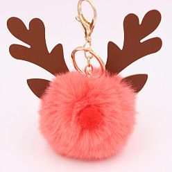 Coral Christmas Deer Antler Pom-Pom Keychain with Plush Elk Charm for Women's Handbag Gift