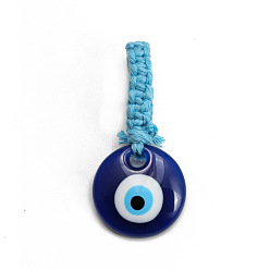 Cornflower Blue Flat Round with Evil Eye Resin Pendant Decorations, Cotton Cord Braided Hanging Ornament, Cornflower Blue, 81mm