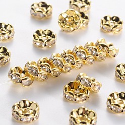 Clear Middle East Rhinestone Spacer Beads, Clear, Brass, Golden Metal Color, Nickel Free, Size: about 8mm in diameter, 3.8mm thick, hole: 1.5mm