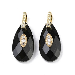 Black Onyx Натуральный черный оникс (окрашенный и термически обработанный), ограненные подвески в форме капли., Подвески для глаз из латуни с микропаве и прозрачным цирконием, золотые, долговечный, стойки покрытие, без свинца и без кадмия, 24.5~25x13~13.5x7.5~8 мм, отверстие : 7x5 мм