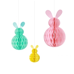 Mixed Color 3Pcs Easter Theme Paper Bunny Family Honeycomb Pendant Decoration, Hanging Decoration, Mixed Color, 150x87mm