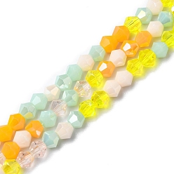 Yellow Electroplate Glass Beads Strands, Opaque & Transparent & AB Color Plated, Faceted, Bicone, Yellow, 4x4.5mm, Hole: 0.9mm, about 94~95pcs/strand, 13.86''(35.2cm)