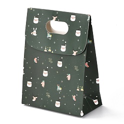 Dark Green Christmas Themed Pattern Rectangle Kraft Paper Flip Bags, with Handle, Gift Bags, Shopping Bags, Dark Green, 14x6x16.5cm