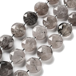 Rutilated Quartz Natural Black Rutilated Quartz Beads Strands, with Seed Beads, Faceted Hexagonal Cut, Flat Round, 12~12.5x5~6mm, Hole: 1.2~1.4mm, about 27~29pcs/strand, 15.55~15.75 inck(39.5~40cm)