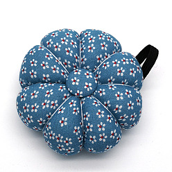 Steel Blue Flower Pattern Wrist Strap Pin Cushions, Pumpkin Shape Sewing Pin Cushions, for Cross Stitch Sewing Accessories, Steel Blue, 90mm