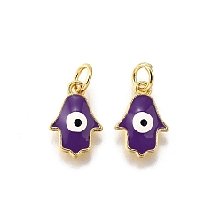 Фиолетовый Латунь эмаль прелести, с целью перехода в кольце, рука хамсы/рука мириам с заклинанием сглаза, стойки покрытие, без кадмия и без свинца, долговечный, золотые, фиолетовые, 13x8.5x1.5 мм, отверстие : 3 мм