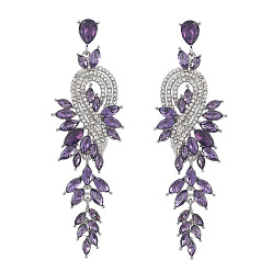 Purple Velvet Sparkling Rhinestone Leafy Branch Dangle Stud Earrings, Platinum Alloy Long Drop Earrings for Women, Purple Velvet, 95x30mm
