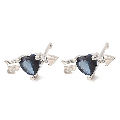 Slate Blue Heart with Arrow Platinum Brass Stud Earrings, with Clear Cubic Zirconia, Long-Lasting Plated, Lead Free & Cadmium Free, Slate Blue, 6x13mm
