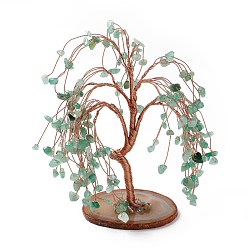 Green Aventurine Natural Green Aventurine Tree Display Decoration, Agate Slice Base Feng Shui Ornament for Wealth, Luck, Rose Gold Brass Wires Wrapped, 64~95x75~125x140~170mm