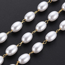 Real 16K Gold Plated 304 Stainless Steel & ABS Plastic Imitation Pearl Beaded Chains, Soldered, with Spool, Oval, Real 16K Gold Plated, 6.5x4.5mm, about 65.62 Feet(20m)/Roll