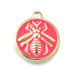 Светло-Вишневый 304 прелести нержавеющей стали, настоящее 14k позолоченное плоское круглое с пчелой, с эмалью, ионное покрытие (ip), светло-вишневый, 14.5x12.5x2 мм, отверстие : 1.4 мм