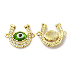 Lawn Green Rack Plating Real 18K Gold Plated Brass Micro Pave Clear Cubic Zirconia Connector Charms, Horseshoe Links, with Handmade Evil Eye Lampwork, Cadmium Free & Lead Free, Long-Lasting, Lawn Green, 18.5x23x4mm, Hole: 1.5mm