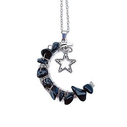 Obsidian Natural Obsidian Chips Moon with Alloy Star Pendant Necklaces, with Stainless Steel Chains, 18.90~19.69 inch(48~50cm)