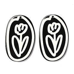 Black Opaque Acrylic Pendants, Black & White, Oval with Flower, Black, 40.5x26x3mm, Hole: 1.5mm