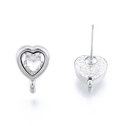 Platinum Rack Plating Alloy Rhinestone Stud Earring Findings, with Vertical Loop and 304 Stainless Steel Steel Pin, Heart, Cadmium Free & Nickel Free & Lead Free, Platinum, 12.5x9mm, Hole: 2mm, Pin: 0.6mm
