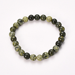 Serpentine Natural Serpentine/Green Lace Stone Beaded Stretch Bracelets, Round, 2-1/8 inch(55mm), Bead: 10mm