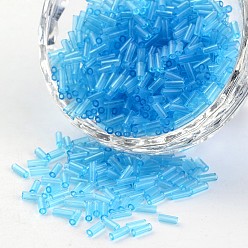 Sky Blue Transparent Colours Round Hole Glass Bugle Beads, Sky Blue, 3~5x1.8~2mm, Hole: 0.8mm, about 12000pcs/450g