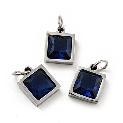 Dark Blue 304 Stainless Steel Pendants, with Cubic Zirconia and Jump Rings, Single Stone Charms, Square, Stainless Steel Color, Dark Blue, 9.5x8x3.5mm, Hole: 3.4mm