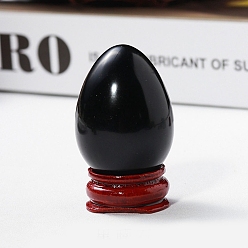 Obsidian Easter Raw Natural Obsidian Egg Display Decorations, Wood Base Reiki Stones Statues for Home Office Decorations, 40x25mm