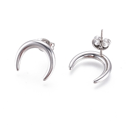 Stainless Steel Color 304 Stainless Steel Stud Earrings, with Ear Nuts, Crescent Moon/Double Horn, Stainless Steel Color, 14.5x12.5x1.5mm, Pin: 0.6mm, 6pairs/card