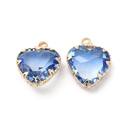Sapphire Brass with K9 Glass Pendants, Golden Heart Charms, Sapphire, 15.5~16.5x12.5x5.5mm, Hole: 1.8mm