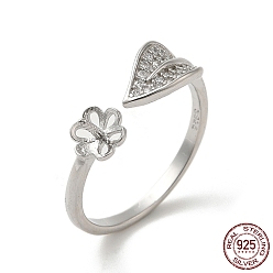 Real Platinum Plated Leaf Rhodium Plated 925 Sterling Silver Micro Pave Cubic Zirconia Open Cuff Ring Settings, for Half Drilled Beads, with S925 Stamp, Real Platinum Plated, US Size 6 3/4(17.1mm), Pin: 0.9mm