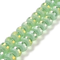 Pale Green Electroplate Glass Beads Strands, AB Color Plated, Frosted and Faceted(96 Facets), Round, Pale Green, 9.5~10x9~9.5mm, Hole: 1.8mm, about 69~70pcs/strand, 24.57''(62.4~63.1cm)