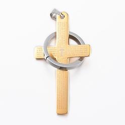 Golden & Stainless Steel Color 304 Stainless Steel Big Pendants, Cross with Rings and Words, Golden & Stainless Steel Color, 53x30x2.2mm, Hole: 9x5mm
